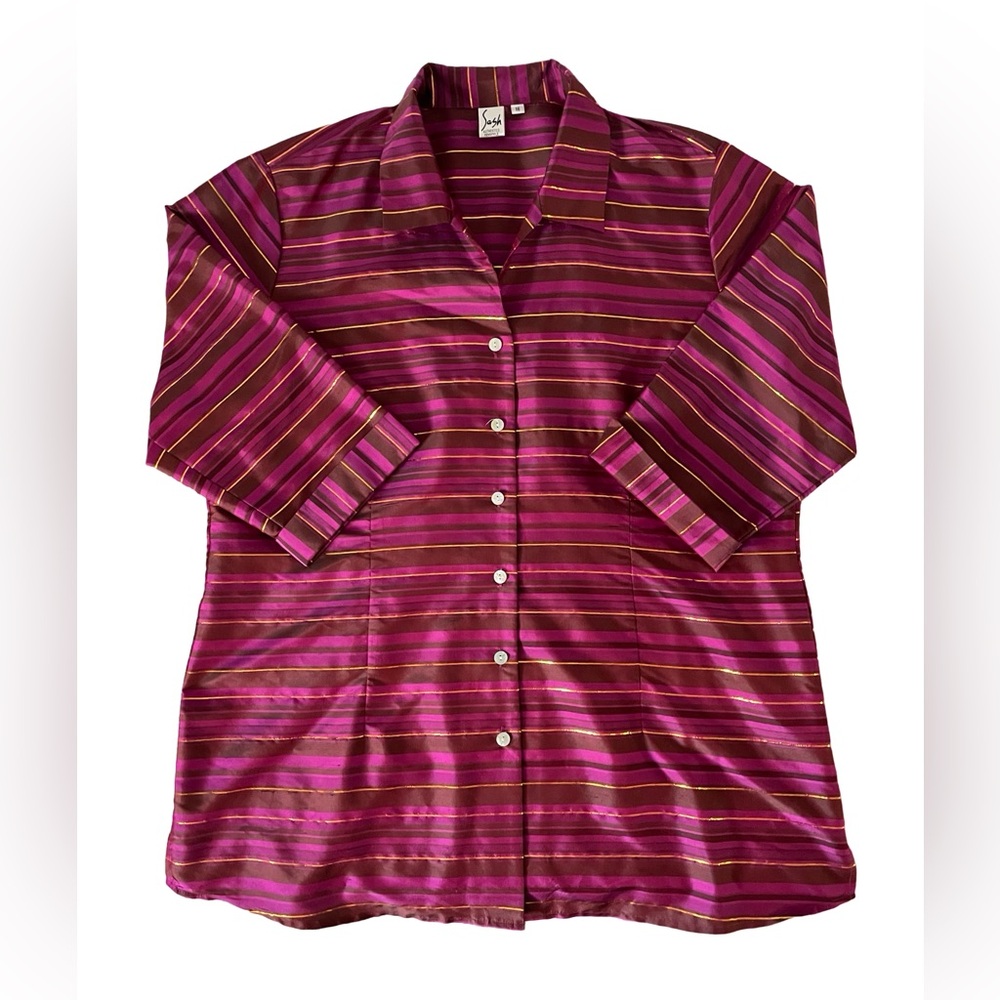[16] SASH Blouse silk 3/4 sleeve gold purple striped - Picture 3 of 7